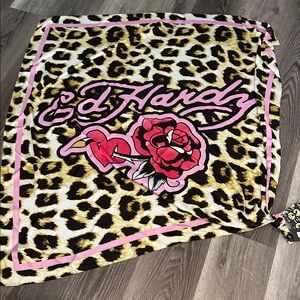 Ed Hardy Leopard Print Scarf with Pink Rose Design